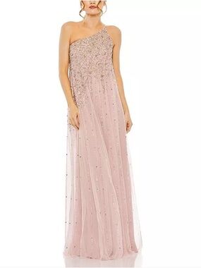 Mac Duggal One Shoulder Beaded Sequin Tulle A-Line Gown Blush Pink NWT Size 12